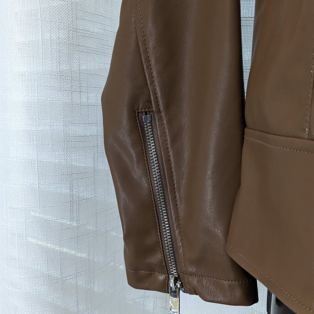 NEW APT 9 Womens Faux Brown Leather Jacket Moto Biker Coat Size Small Zip Front - Picture 5 of 13